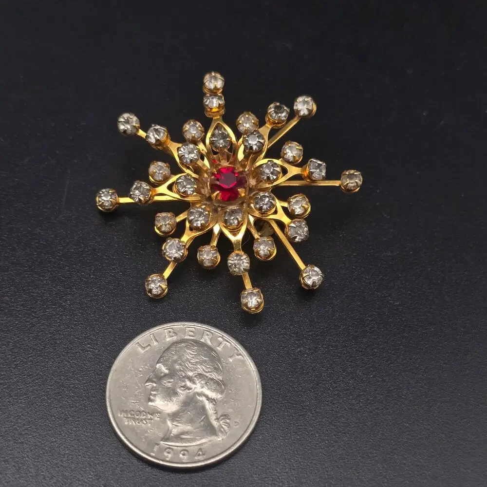 Red Rhinestone Gold Tone Star Burst Brooch Atomic MCM Vintage